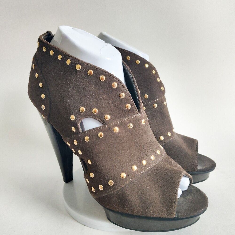 Steve Madden Devi Heels 7.5 Gray‎ Suede Studded 5" Thick Heels Cutouts Platform